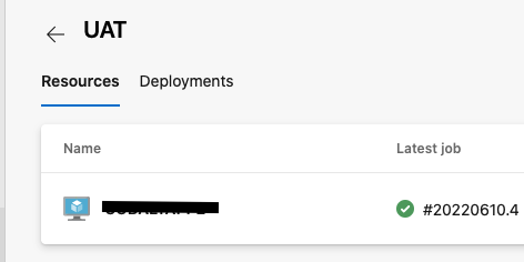 The UAT Environment, Resources tab. It shows a server with a redacted name and a latest job ID with a green check mark.
