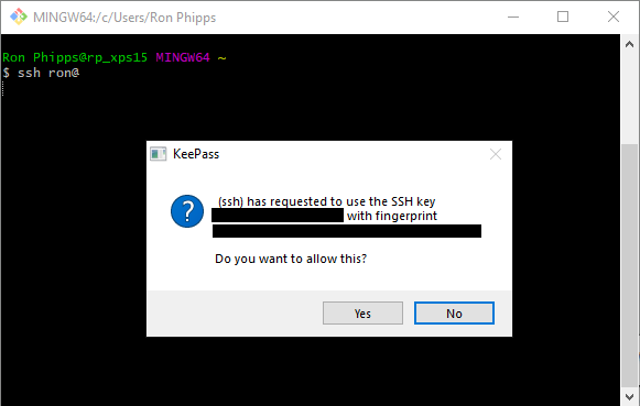 Git Bash running ssh to a redacted server, with a dialog box reading “(ssh) has requested to use the SSH key (redacted) with fingerprint (redacted). Do you want to allow this?” The dialog’s “No” button is selected by default.