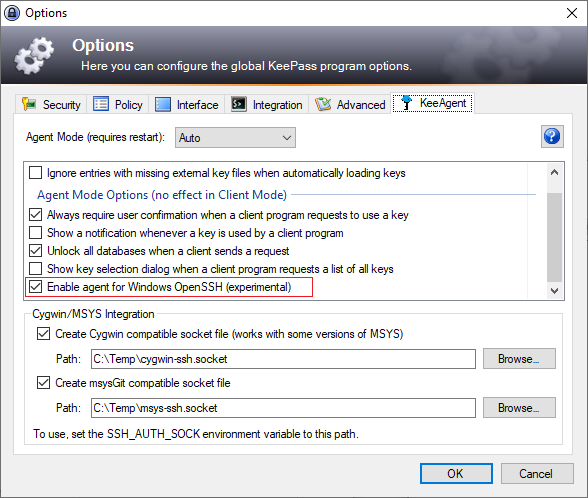 KeePass options open to the KeeAgent tab. Inside a scrollable list is a checked checkbox reading “Enable agent for Windows OpenSSH (experimental)