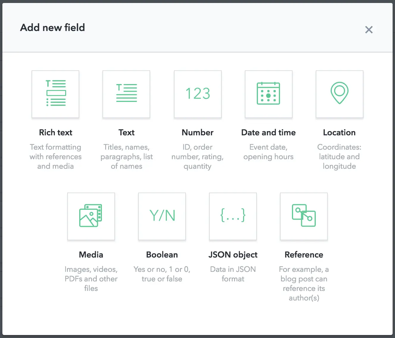 A GUI selection screen reading “Add new field” shows 9 field types: Rich text, Text, Number, Date and Time, Location, Media, Boolean, JSON object, and Reference.