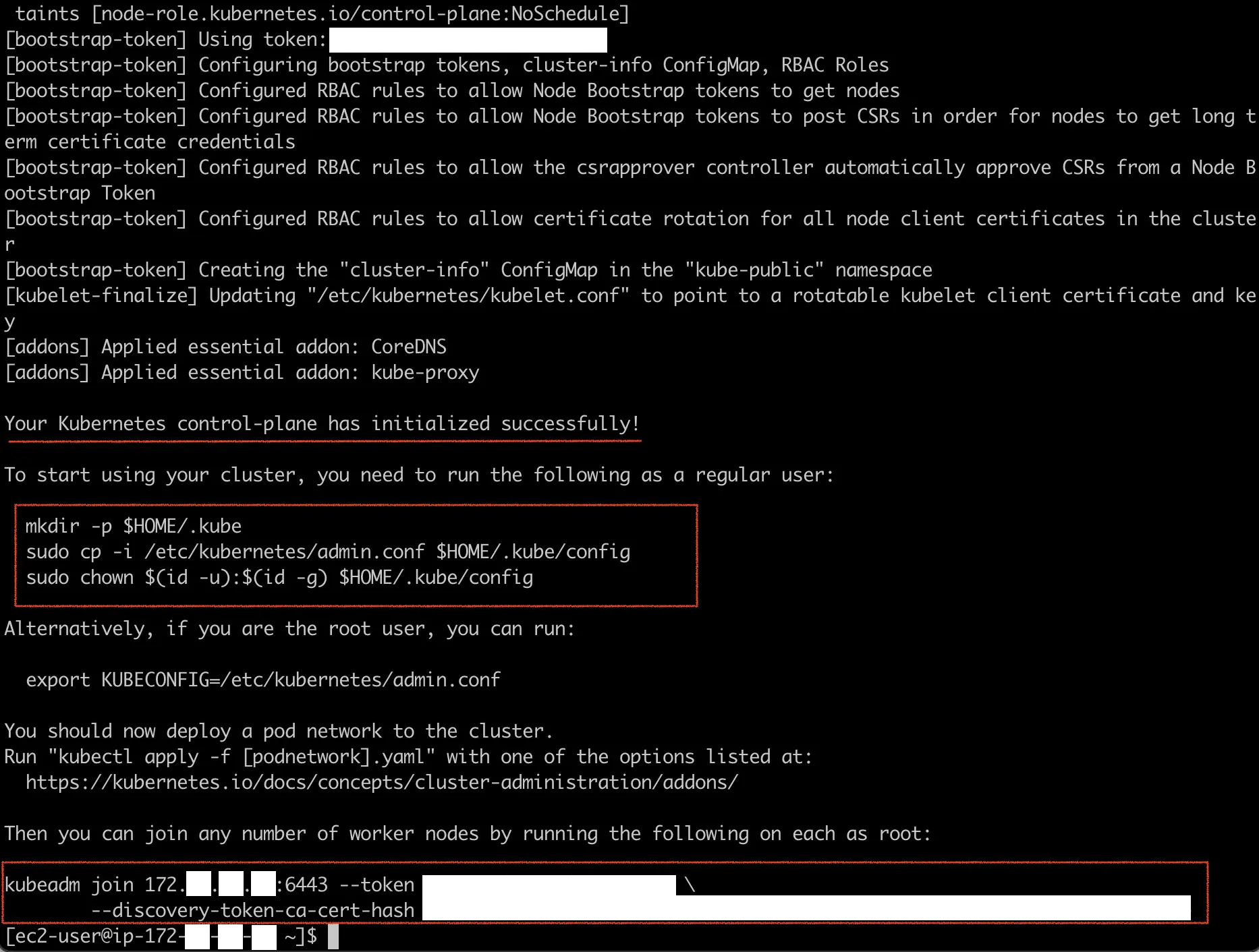 The output of kubeadm, with the three important points highlighted. They read: 1: “Your Kubernetes control-lane as been initialized successfully!”, 2: “mkdir -p $HOME/.kube;sudo cp -i /etc/kubernetes/admin.conf $HOME/.kube/config;sudo chown $(id -u):$(id -g) $HOME/.kube/config”, 3: “kubeadm join 172.XX.XX.XX:6643 –token XXXX –discover-token-ca-cert-hash XX”