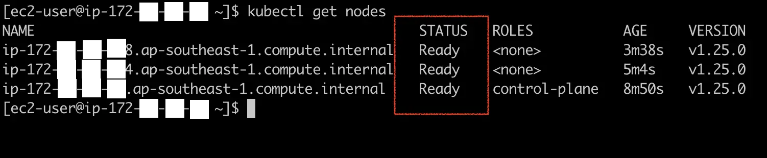 Results of the kubectl get nodes. 3 nodes appear, each with the Ready status.