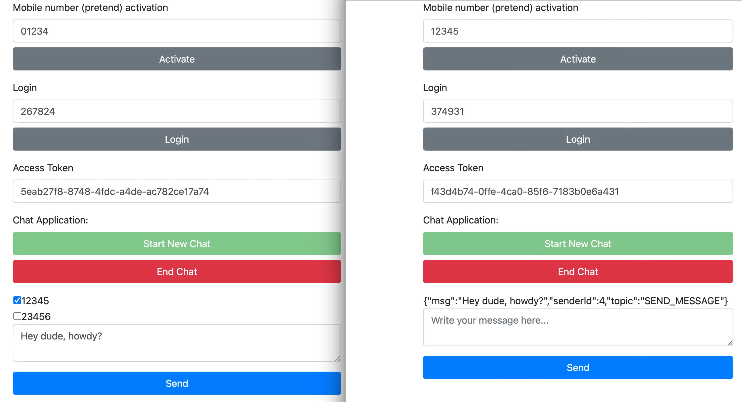 Two chat windows are open, with the same layout as the previous image. The left window’s layout is extended to include the following: two checkboxes reading “12345” and “23456”, with the first checked. Below is a text field containing a message reading “Hey dude, howdy?”. Below it is a button labeled “Send”. The right window is extended to include the following: a received message reading ‘{“msg”:“Hey dude, howdy?”,“senderId”:4,“topic”:“SEND_MESSAGE”}’, then an empty text area with a “Send” button.