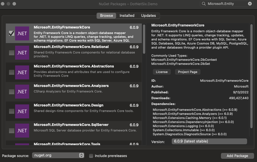 Visual Studio. The Nuget Packages window shows several packages in a column on the left, with the Microsoft.EntityFrameworkCore package selected. On the top right is a search bar to use to search for dependencies, and below it is an informational window on the dependency, as well as a “Add Package” button.