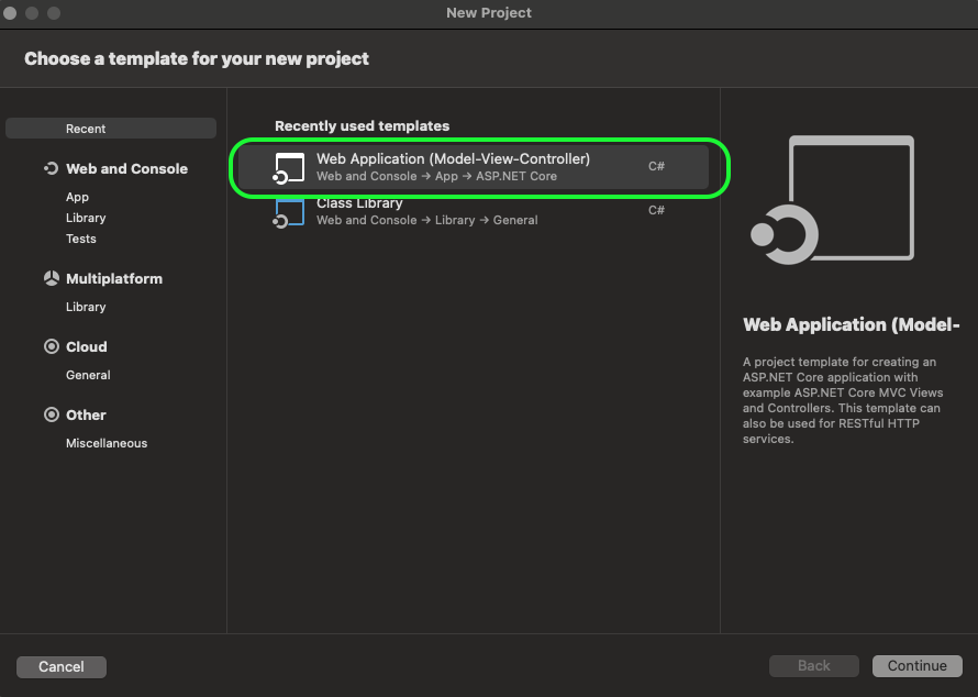 Visual Studio. A window is displayed called New Project. It shows two templates, with the Web Application (Model-View-Controller) template selected. A button on the bottom right shows “Continue”.