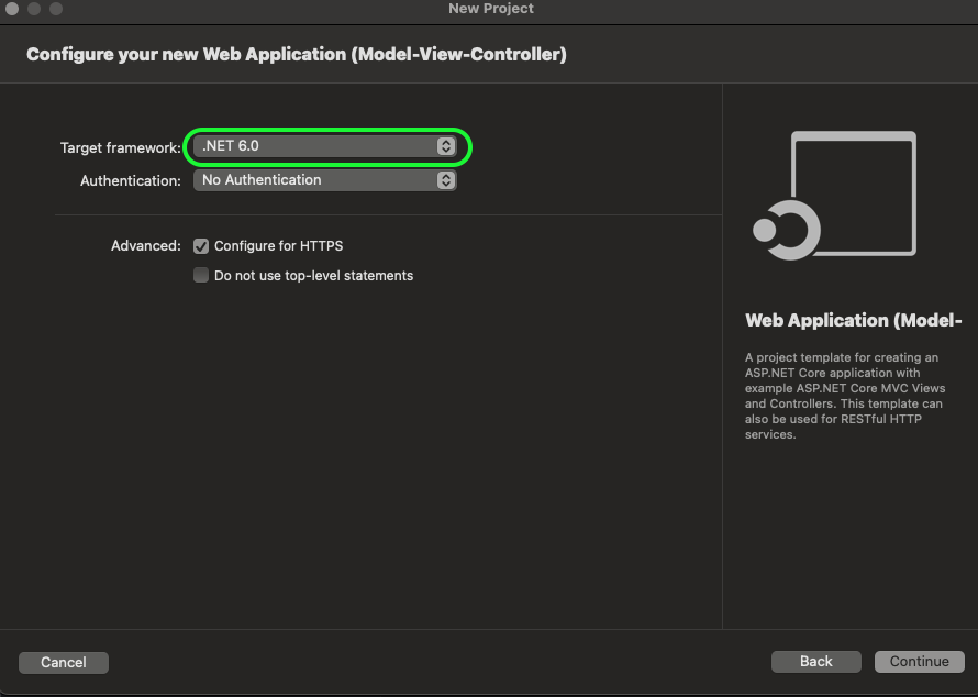 Visual Studio. A window is displayed called New Project. At the top is reads “Configure your new Web Application (Model-View-Controller)”. There is a Target Framework dropdown with “.NET 6.0” selected and second Authentication dropdown with “No Authentication” selected. Under Advanced, the “Configure for HTTPS” checkbox is checked, and the “Do not use top-level statements” checkbox is unchecked.