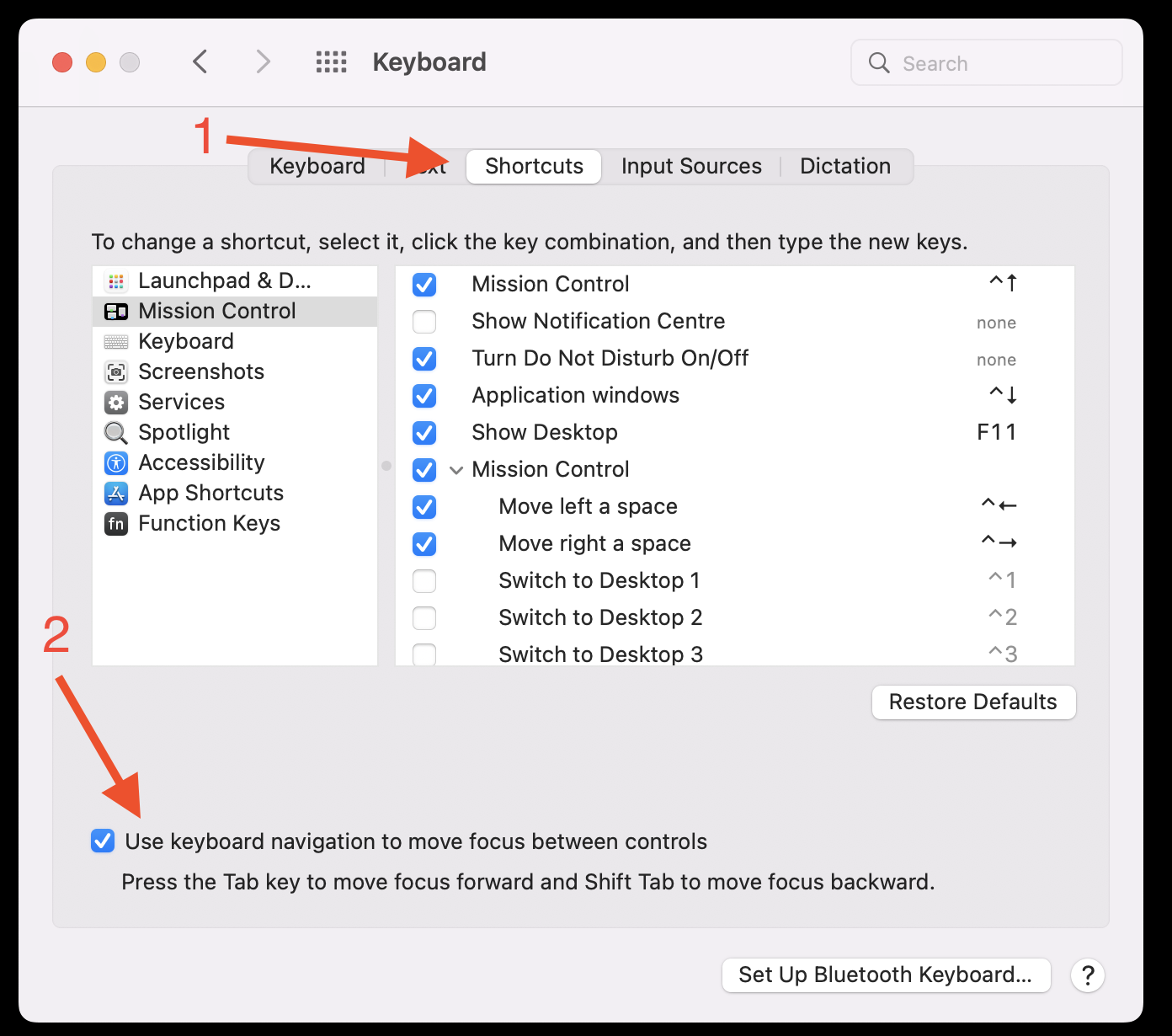 macOS 10.15+ settings open to the Keyboard section. First highlighted is the “Shortcuts” tab, and second is a checkbox at the bottom of the window reading “Use keyboard navigation to move focus between controls.