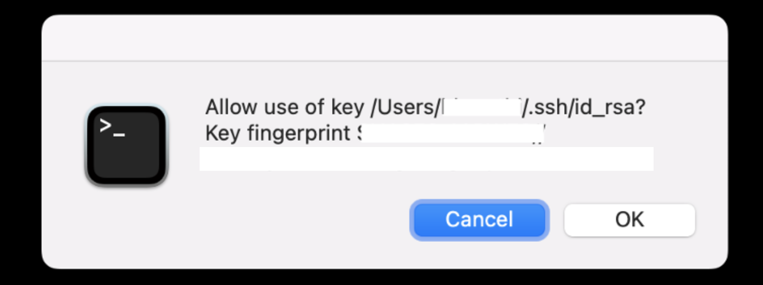 Agent confirmation dialog reading “Allow us of key /Users/(blank)/.ssh/id_rsa? Key fingerprint (blank) (blank). The cancel button is highlighted.