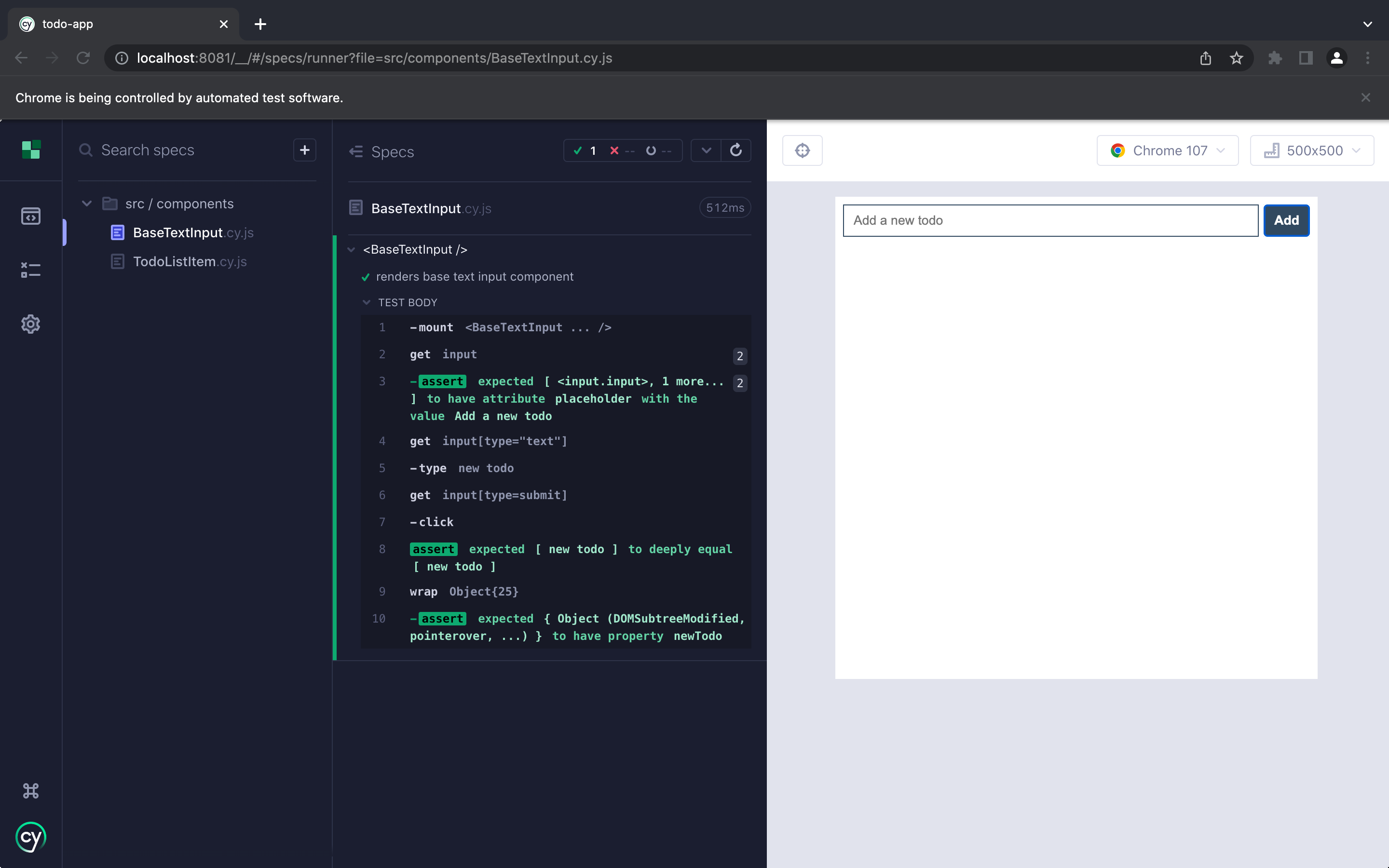 Screenshot displaying BaseTextInput component tests that have run successfully. Cypress is open to src/components/BaseTextInput.cy.js. In the test output sidebar, there is one green check mark, next to “renders base text input component”. It is followed by the test body in a code block, which reads: “-mount <BaseTextInput … />; get input; -assert expected \[ <input.input>, 1 more…\] to have attribute placeholder with the value Add a new todo; get input\[type=“text”\]; -click; assert expected \[ new todo \] to deeply equal \[ new todo \]; wrap Object{25}; -assert expected { Object (DOMSubtreeModified, pointerover, …) } to have property newTodo”.