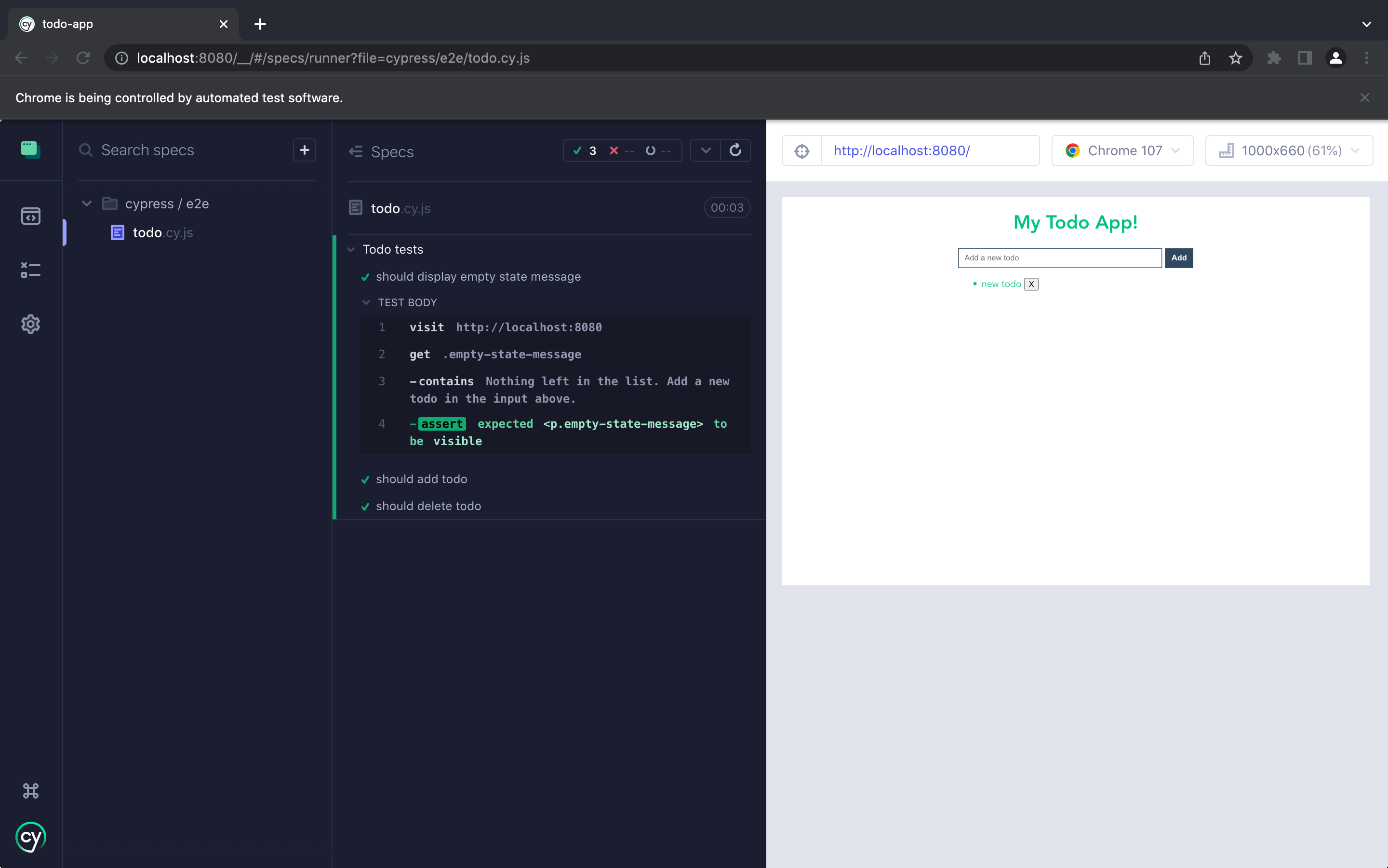 Screenshot displaying Todo App End2End tests that have run successfully. A test browser in the sidebar is open to todo.cy.js, with a successful test to the right. There are green check marks next to “should display empty state message”, “should add todo”, and “should delete todo”. After the first is the test body in a code block reading “visit http://localhost:8080; get .empty-state-message; -contains Nothing left in the list. Add a new todo in the input above.; -assert expected <p.empty-state-message> to be visible”.