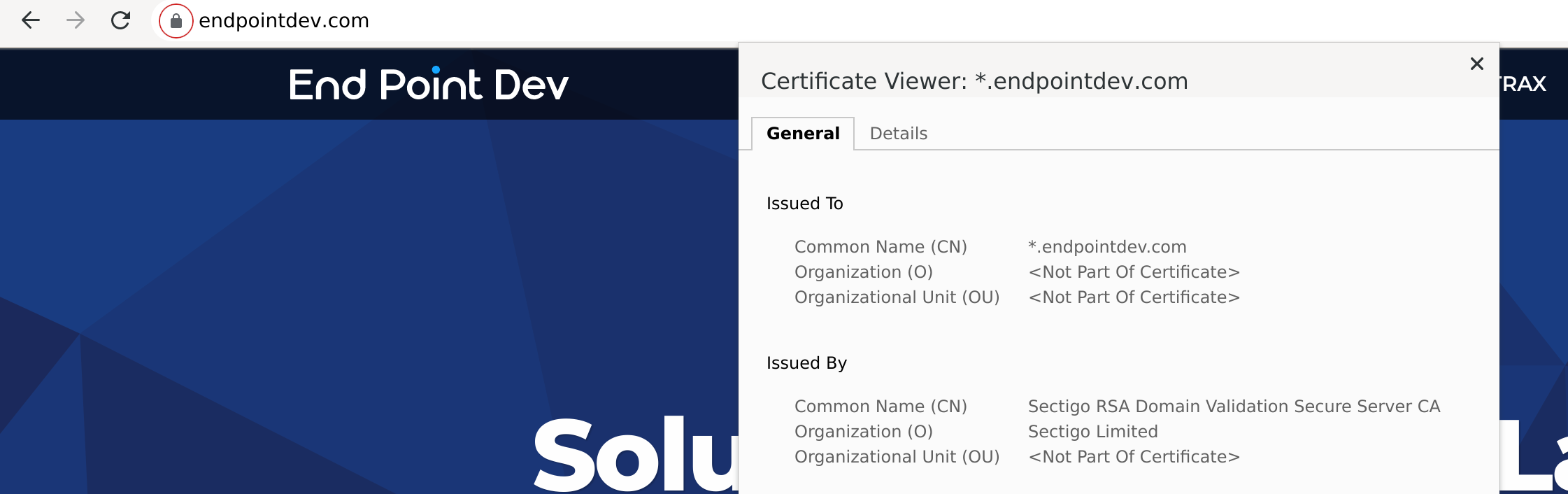 Chrome showing Sectigo as the certificate-issuing authority, after sidestepping the CDN.