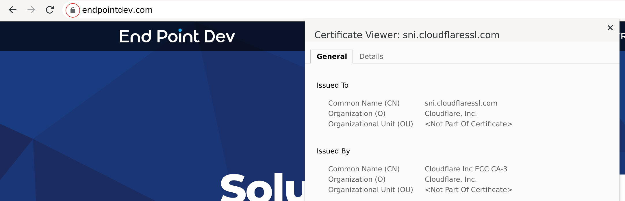 Chrome showing Cloudflare as the certificate-issuing authority, before sidestepping the CDN.