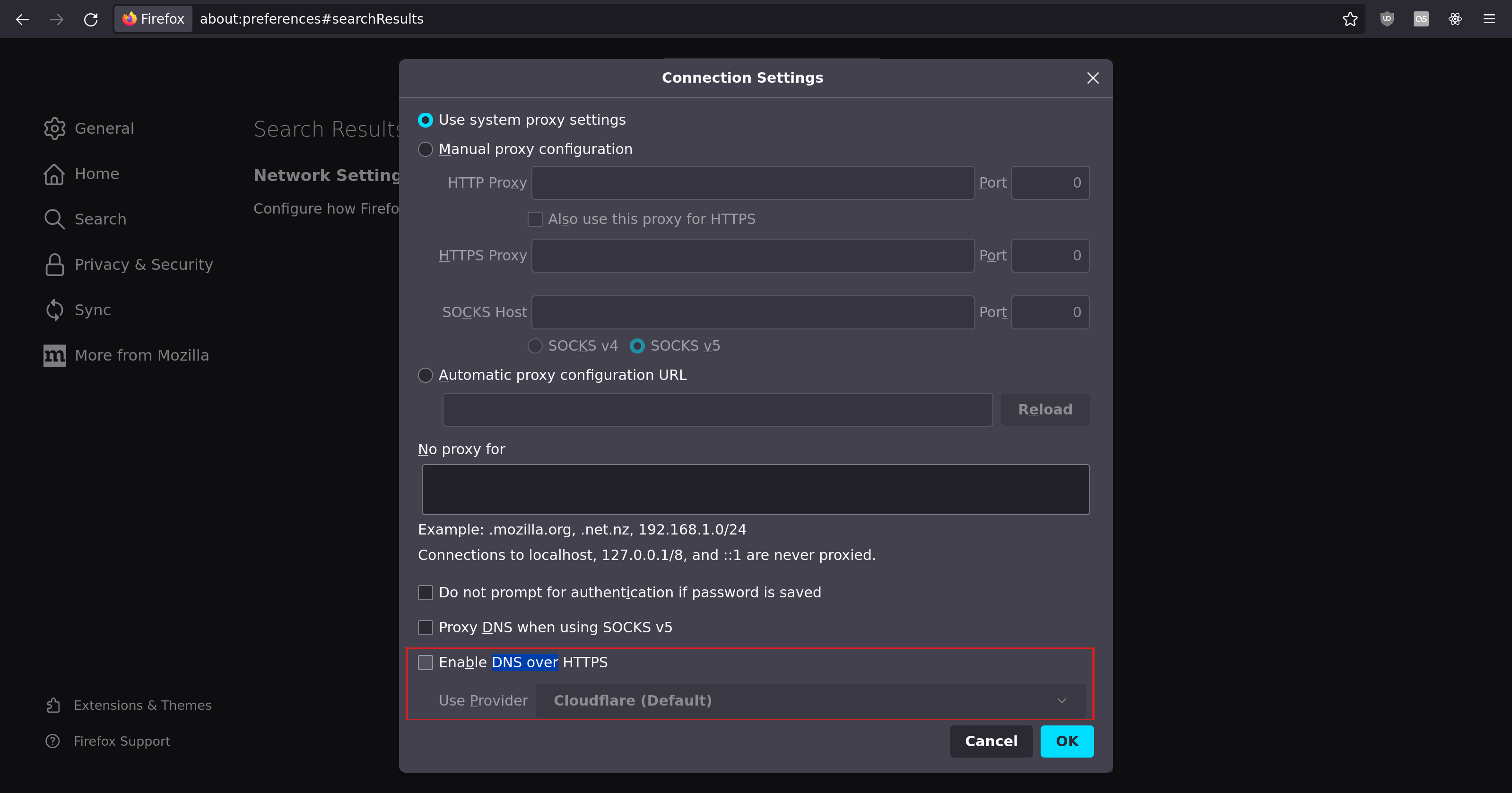 Firefox preferences, navigated to Network Settings > Enable DNS over HTTPS, with a check box unchecked.