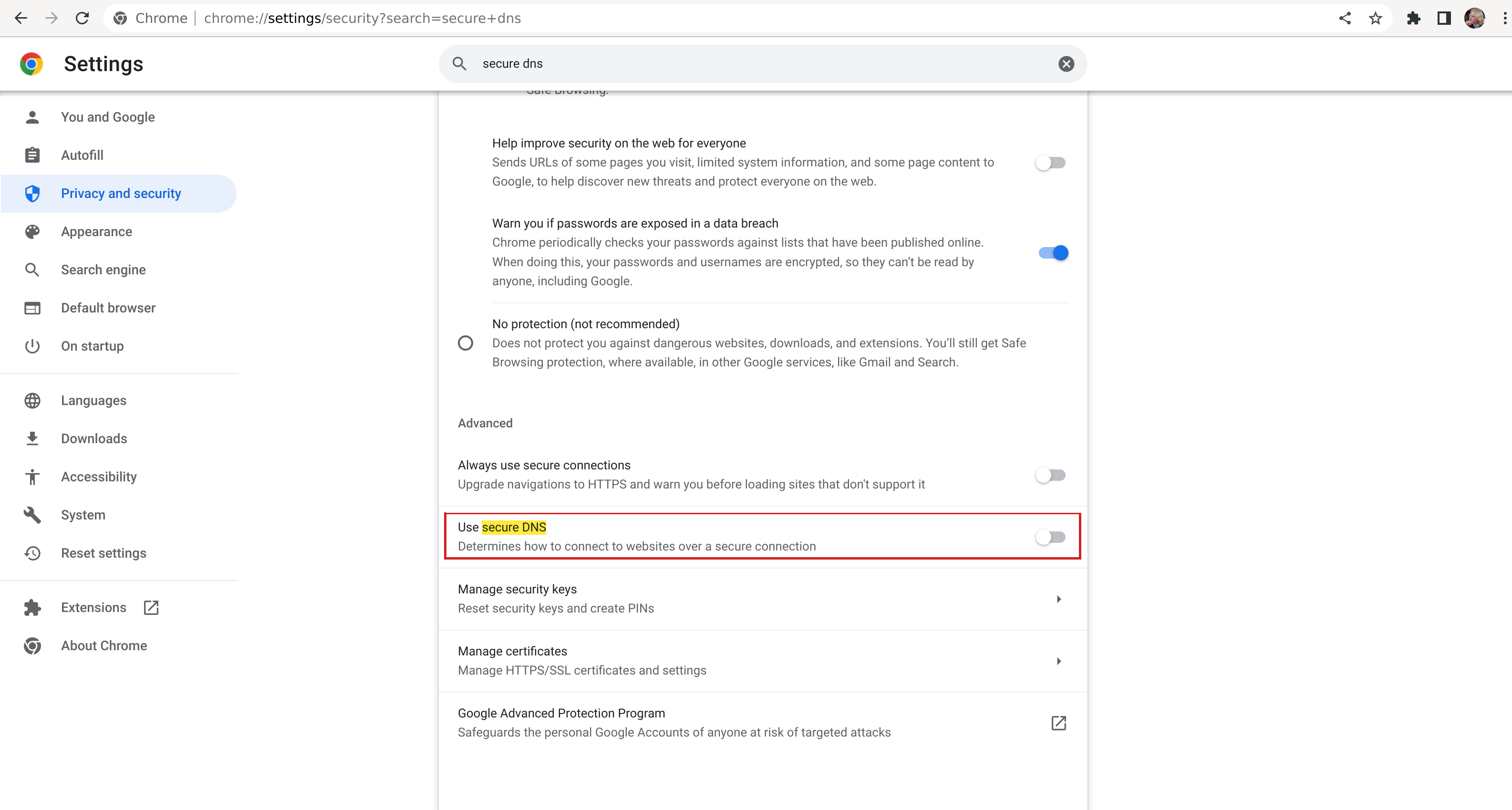 Chrome settings, navigated to Settings > Privacy and Security > Security > Use secure DNS with a radio button disabling Secure DNS