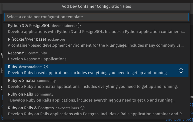 The Ruby option, selected in the Add Dev Container Configuration Files pop-up