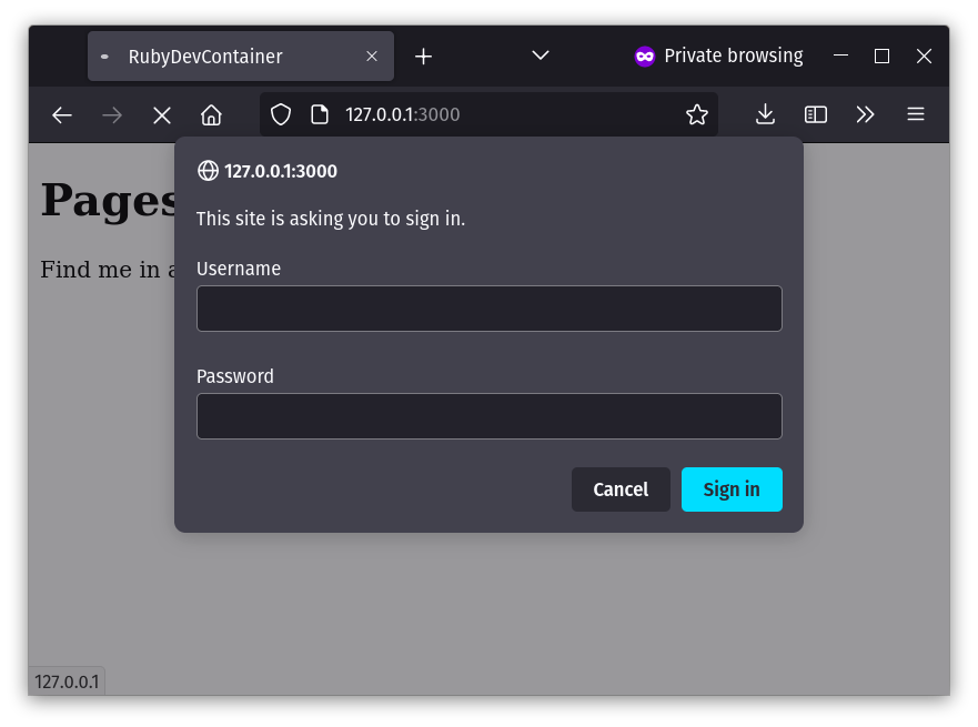 A popup is shown above the home page, showing the site which created it (http://127.0.0.1:3000), and reading “This site is asking you to sign in”, followed by text inputs for Username and Password. At the bottom of the popup are buttons for Cancel and Sign in.