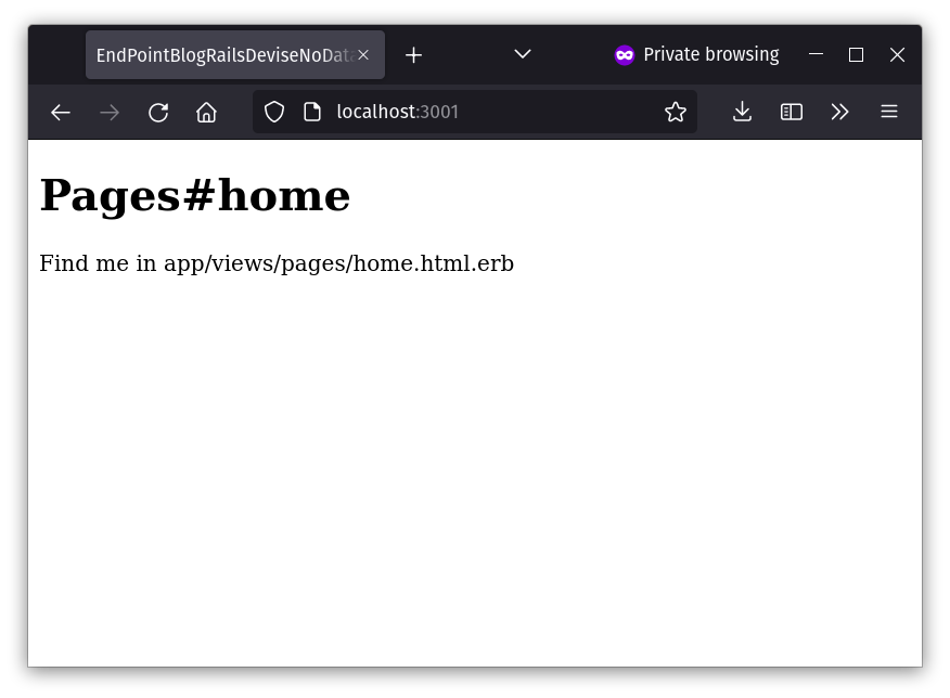 A browser viewing localhost:3001. On the page, a header reads “Pages#home”, with a sentence below reading “Find me in app/views/pages/home.html.erb”.