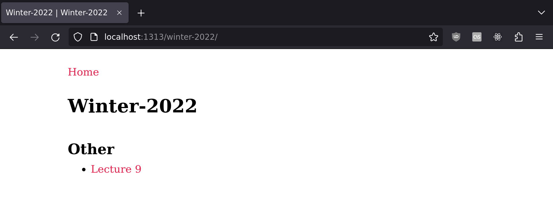 A web browser open to localhost:39333, showing the home page of the notes site: A header reads “Notes”, followed by smaller headers. The first is pink, reading “Winter-2022”, with its own bulleted list containing the item “Lecture 9”, also in pink. The second is black and reads “Other”, with no list beneath it.