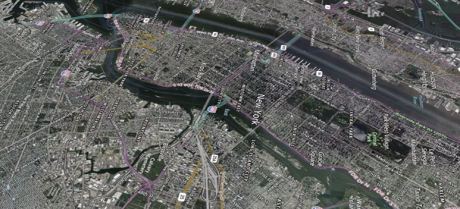 The old Cesium labels. The 3D camera is rotated so that the labels reading “New York”, “Kips Bay”, etc., are at a 90 degree angle, making it difficult to read.