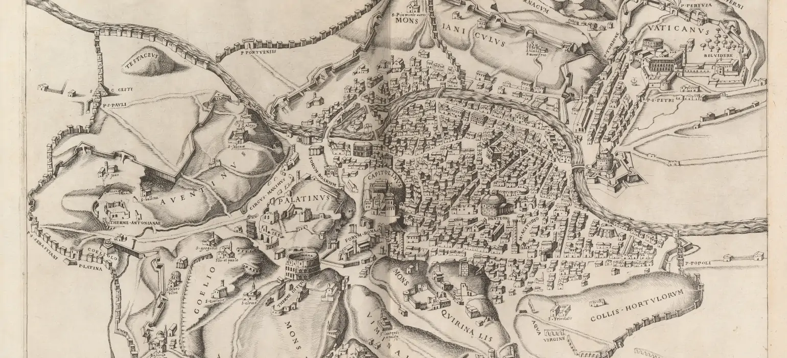 A 16th-century topographical map of ancient Rome. Buildings are drawn in simple, clear, engraved lines. Streets and important structures like the Pantheon are labeled in Latin.