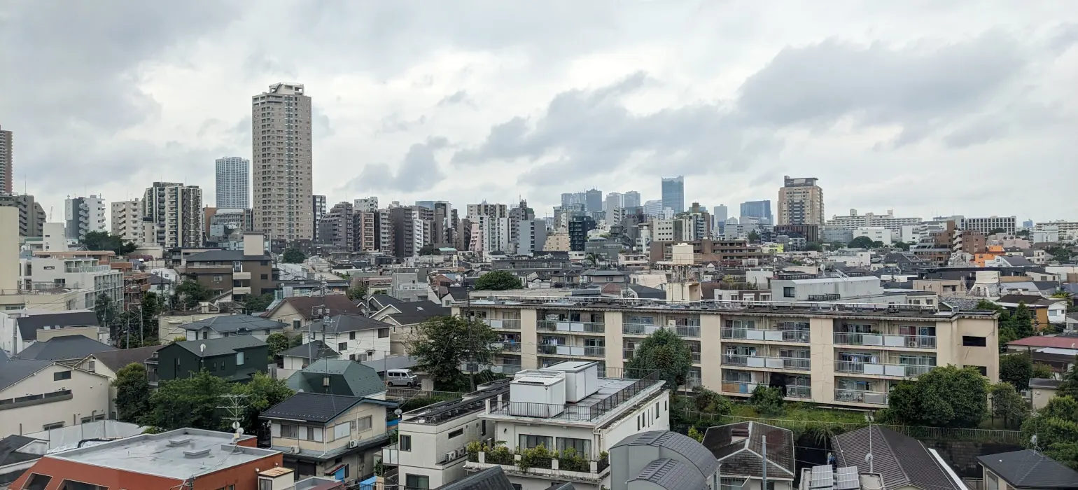 A crowded city on an overcast day. Tall apartment buildings fill the foreground while skyscrapers form a skyline in the background.
