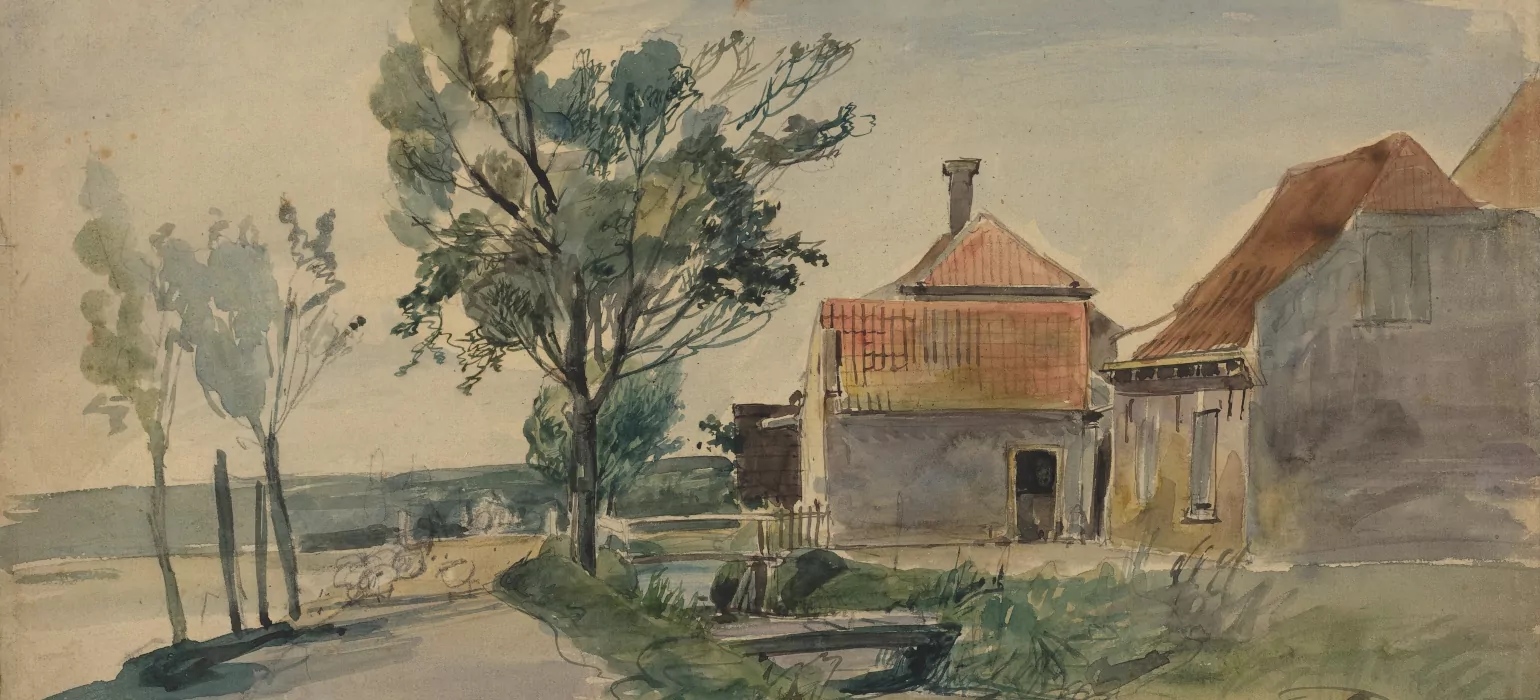 An impressionist watercolor scene of two red-roofed farm houses with a tree-lined path leading forward on the left side of the image. The brushstrokes are very loose.