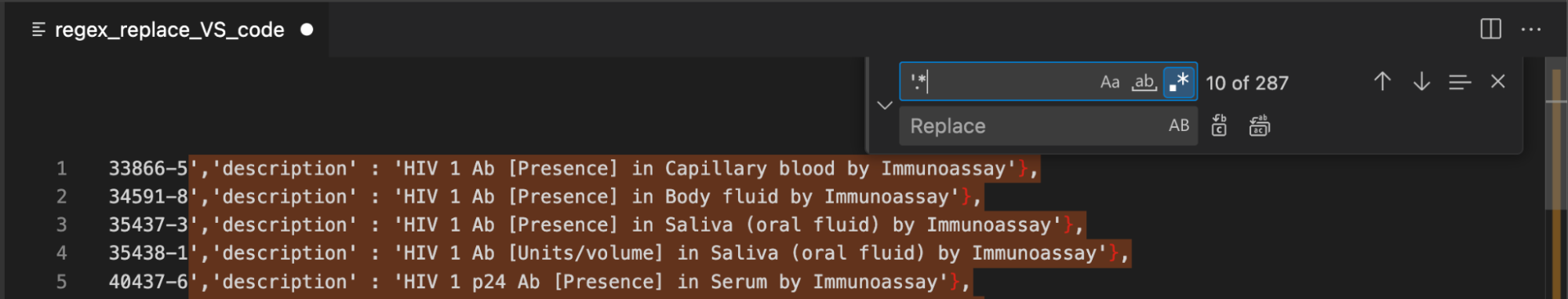 The altered object with our new regex in the Find field. Everything after the codes is highlighted.