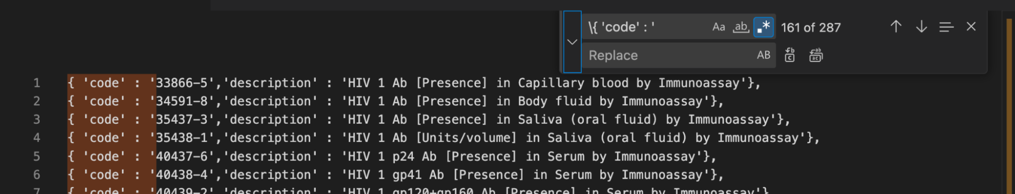 A few lines from the earlier codes objects, with the characters “{ ‘code’ : ‘” highlighted in yellow. In the top right the Find/replace bar is visible with the prior regex in the Find field.