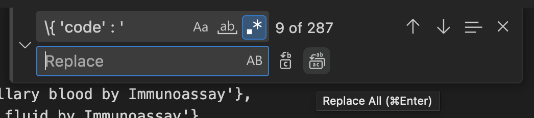 The Find/Replace bar, this time with our regex. The Replace field is highlighted, with a popup reading “Replace All (⌘Enter)