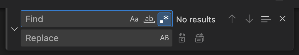 The same find bar, now with a second text field below reading “Replace”.