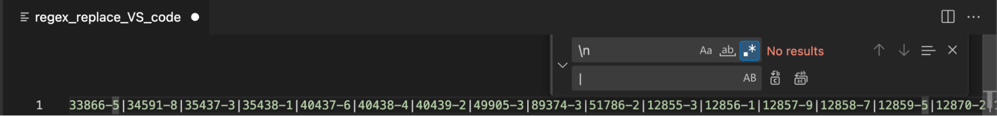 The codes are now all on the same line, separated by a “|” pipe character with no whitespace in between, like “33866-5|34591-8|35437-3|” et cetera.