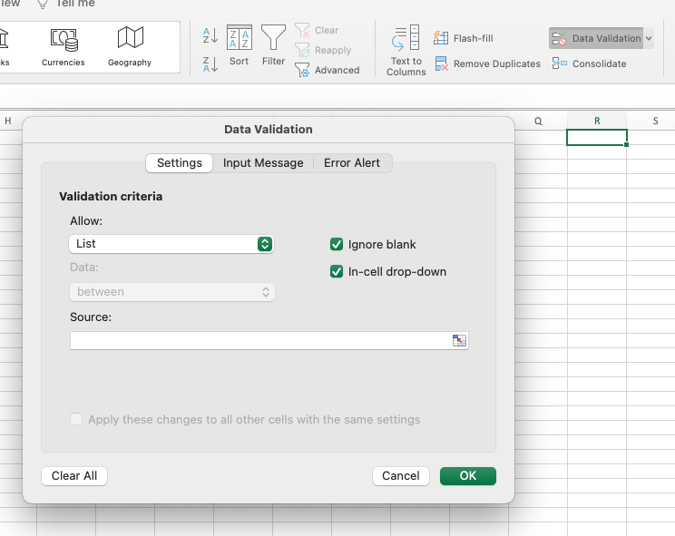 The data validation dialog. The leftmost section is selected, “Settings”. Under the single heading, “Validation criteria”, there are several options. “Ignore blank” and “In-cell drop-down” are checked, “Allow:” shows a dropdown set to “List”, and “Source” is empty. A “Data” dropdown is greyed out.