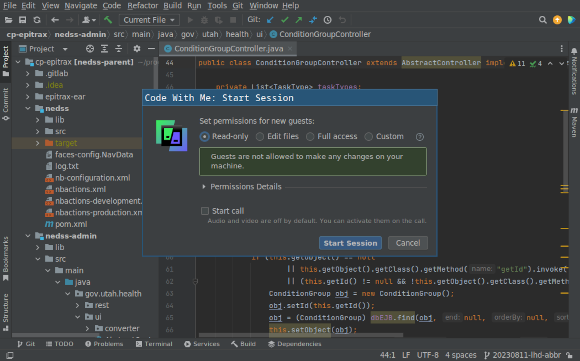 A screenshot demonstrating the initial step of sharing with others using IntelliJ IDEA. A popup titled “Code With Me: Start Session” reads “Set permissions for new guests, under which are radio buttons reading Read-Only (which is selected), Edit files, Full access, and Custom. There is also an unchecked checkbox giving the option to “start call.