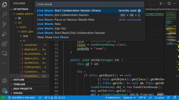 A screenshot demonstrating the initial step of sharing with others using VS Code. VS Code’s command pallette is open, with “live share” typed into the search box. Selected is “Live Share: Start Collaboration Session (Share). Other options are Join Collaboration Session, Focus on Session Details View, Help, Sign out, and Start Read-Only Collaboration Session. Each is prefixed by “Live Share: