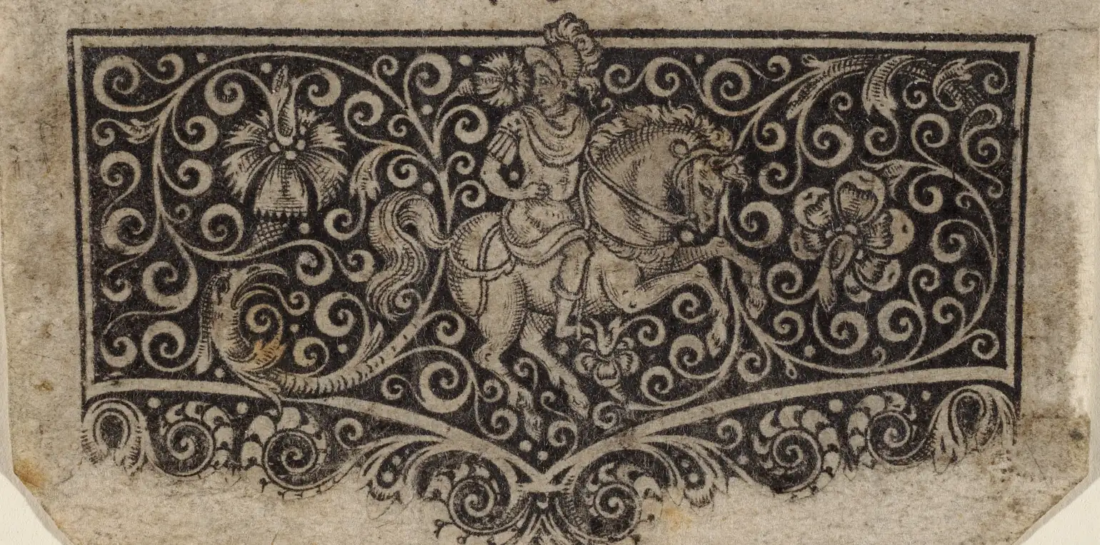 A dark print on very old paper shows an armored knight on a horse, surrounded completely by swirling floral patterns. In a few places the pattern evolves into a flower or what appears to be a curved, long bird head.
