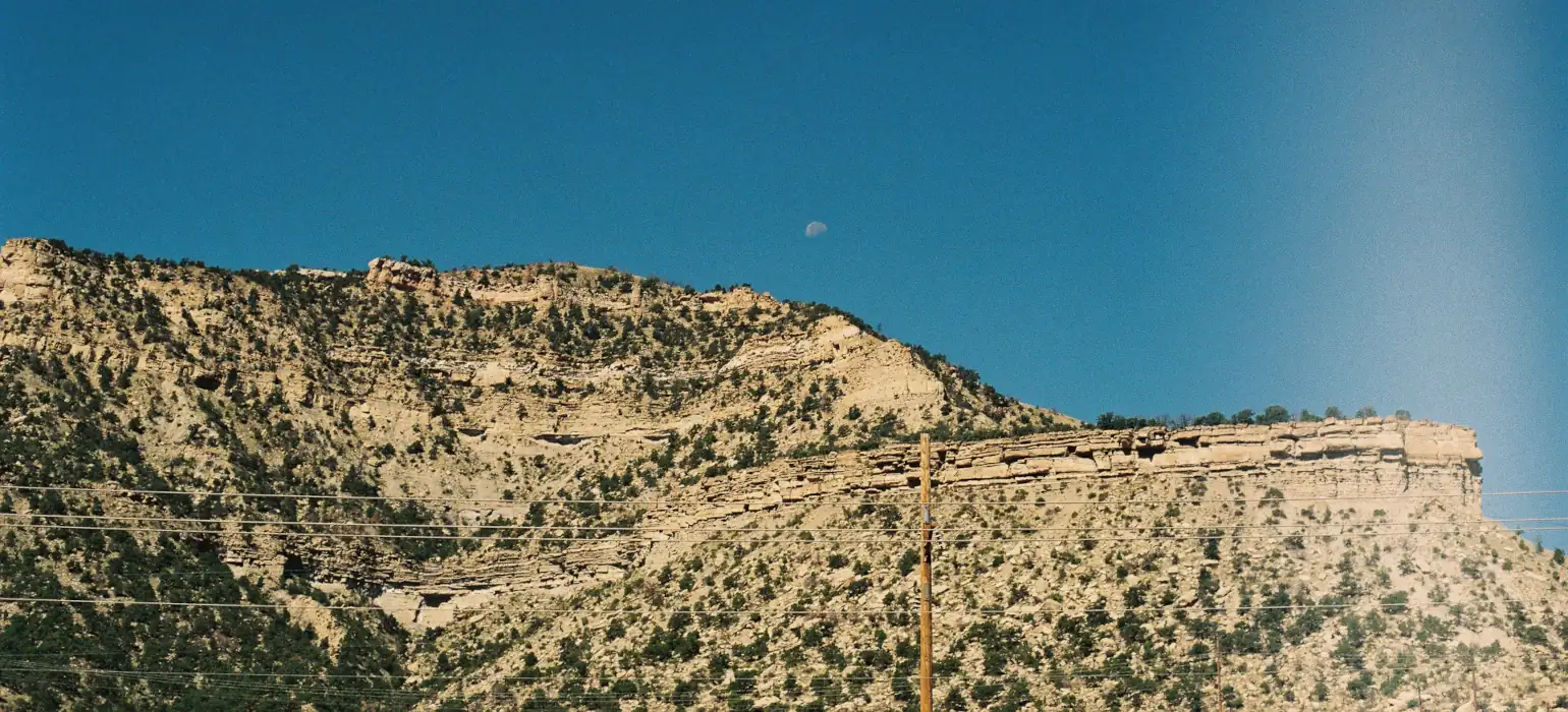 A steep golden hillside interspersed with green shrubs, behind power lines. Above the hill is a half moon on a deep blue sky.