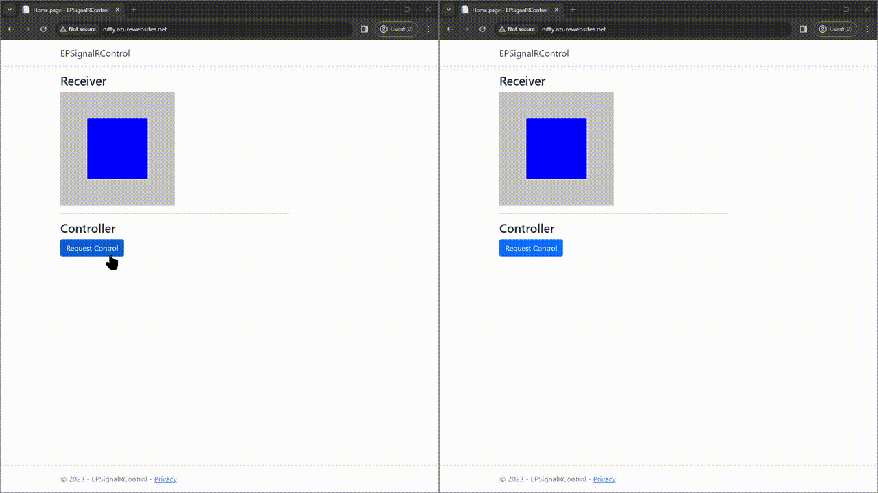 Two browser windows are open side by side, to the same web app. On both, under a “Receiver” title is a window showing a 3D cube, after which a “Controller” title is followed by a “Request Control” button. In the left browser window, the mouse clicks the blue “Request Control” button, which turns green and displays a message underneath saying “Control granted: 120 seconds remaining”, with the number counting down every second. Another identical 3D cube window opens beneath. The clicks and drags in this bottom window, which rotates the cube. After a short delay, the other two cubes in the “Receiver” section follow and move to the position where the controller moved the cube.