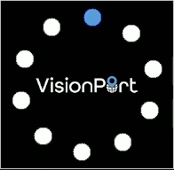A screenshot of the loading spinner. In the center is a logo reading “VisionPort”, with the O replaced by a globe with a locator icon in it. Surrounding the logo are animated dots rotating in a circle.