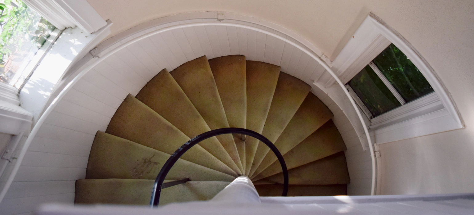 An overhead shot of a carpeted spiral staircase, with spiraling railings on either side. The staircase is cut off at the bottom by a wall, so that only half of the circle of stairs is visible. The stairs are enclosed by a semicircular wall, and lit by sunlight streaming through a window on the left. On the right is a window whose view is filled with green leaves.