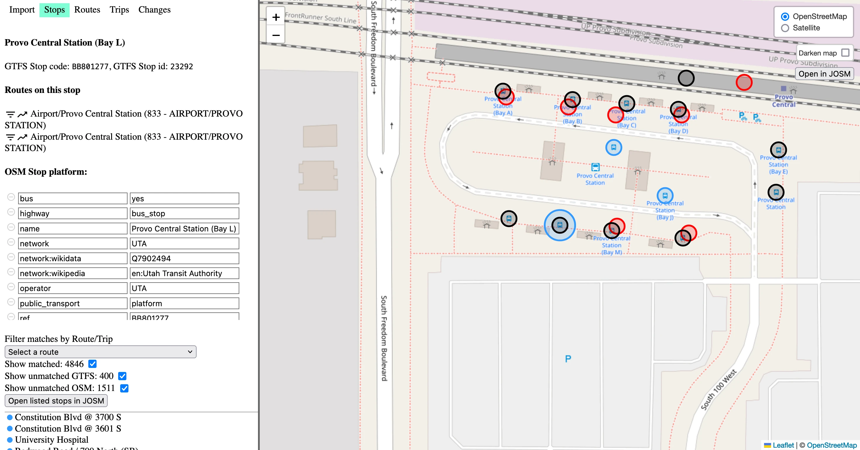 The OSM editing app. One blue stop is highlighted. It has more OSM data filled out, including “network: UTA, network:wikidata: Q7902494”, etc.