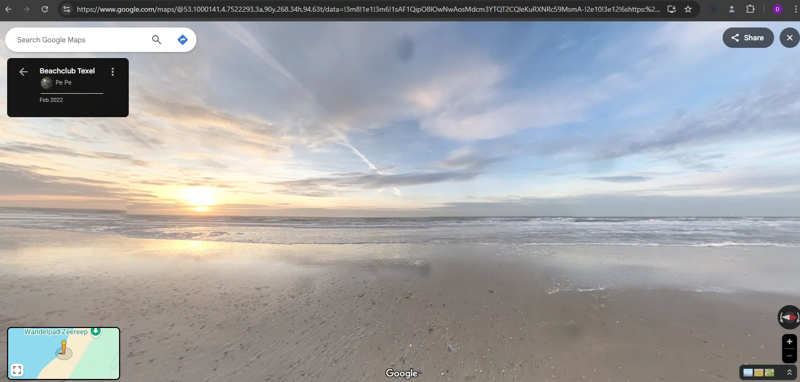 A Google Street View spherical image of a beach, with a sunset, with a Google Maps label reading “Beachclub Texel”
