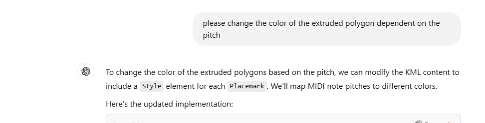 Chat’s response to the above query: “To change the color of the extruded polygons based on the pitch, we can modify the KML content to include a Style element for each Placemark. We’ll map MIDI note pitches to different colors.