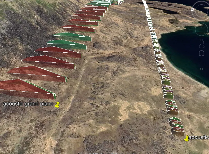A closer view of the triangles extruded from Google Earth imagery, both labeled “acoustic grand piano”, and with some triangles smaller on the right, while the ones on the left have some duplicate triangles superimposed on others.