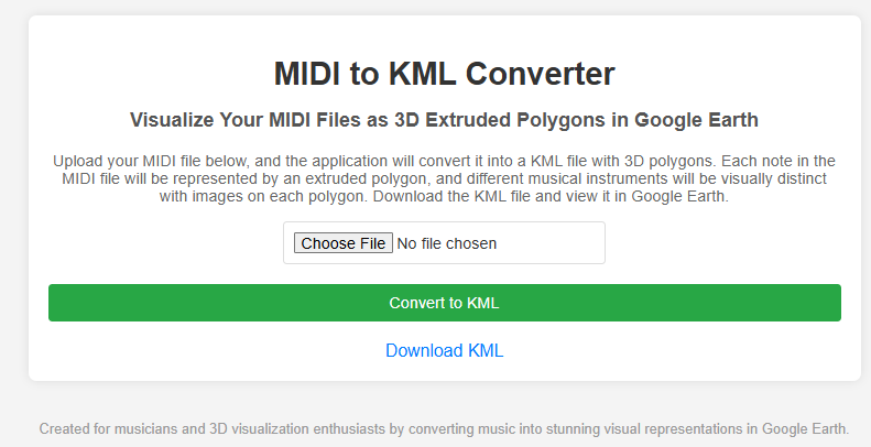 The same app as above, but now styled using simple web design, including making the “Convert to KML” button Green, and including an explanation paragraph: “Upload your MIDI file below, and the application will convert it into a KML file with 3D polygons. Each note in the MIDI file will be represented by an extruded polygon, and different musical instruments will be visually distinct with images on each polygon. Download the KML file and view it in Google Earth.