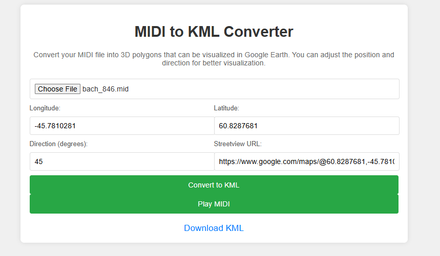 The same app as above, now with a “Play MIDI” button visible, the “choose file” box filled, and values entered for coordinates.