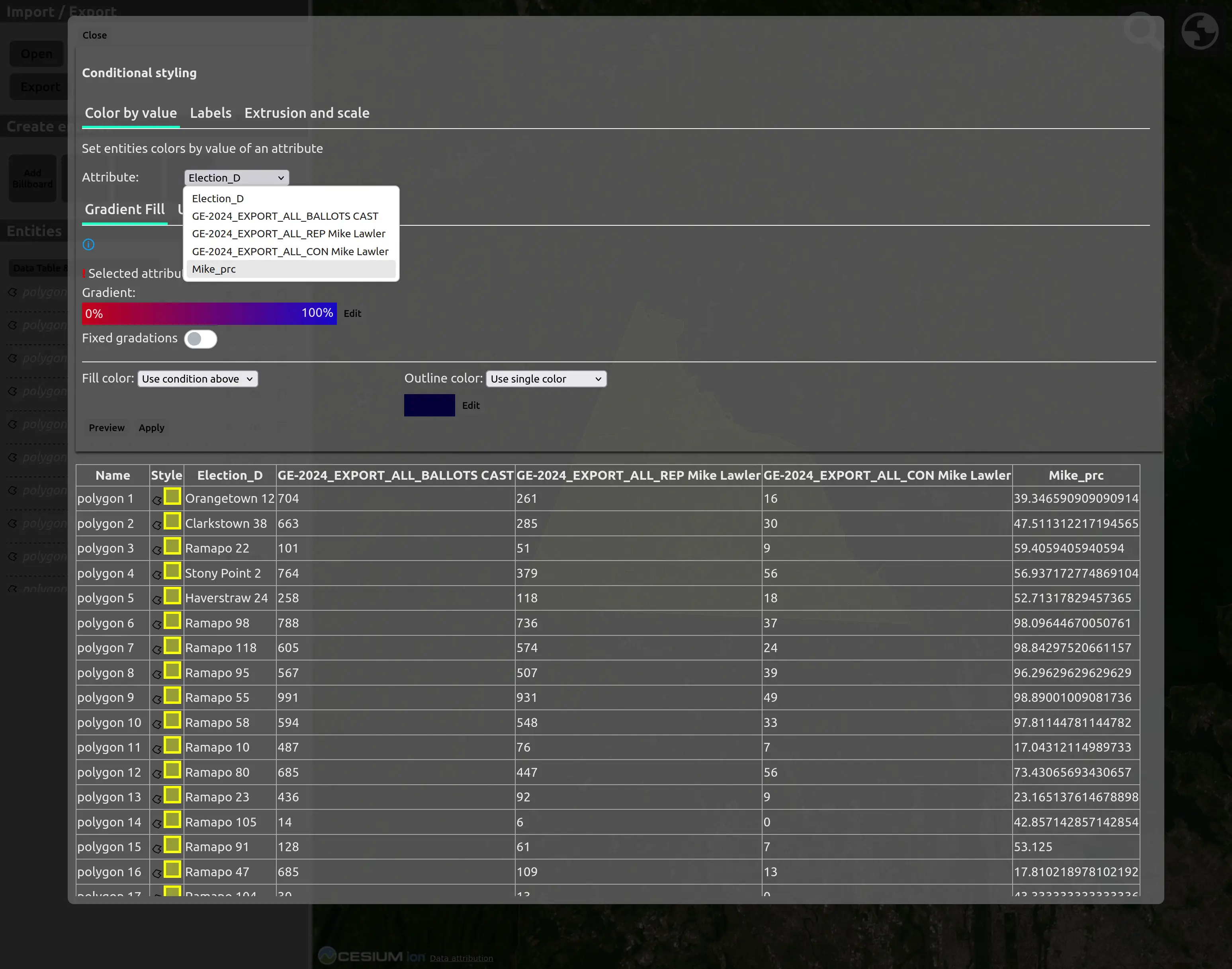 The editor with a full screen popup reading “conditional styling”. There are three main tabs, “Color by value”, “Labels”, and “Extrusion and scale”. The first is selected. Under the tabs it reads “Set entities colors by value of an attribute”. Under a dropdown reading “Attribute”, “Mike_prc” is selected. A blue to red gradient is below, with a continuous range of colors. At the bottom is a table with polygon 1, polygon 2, etc. Then a style column, all of which have a yellow box. The rightmost column is “Mike_prc”, and reads a percent number from 0 to 100.