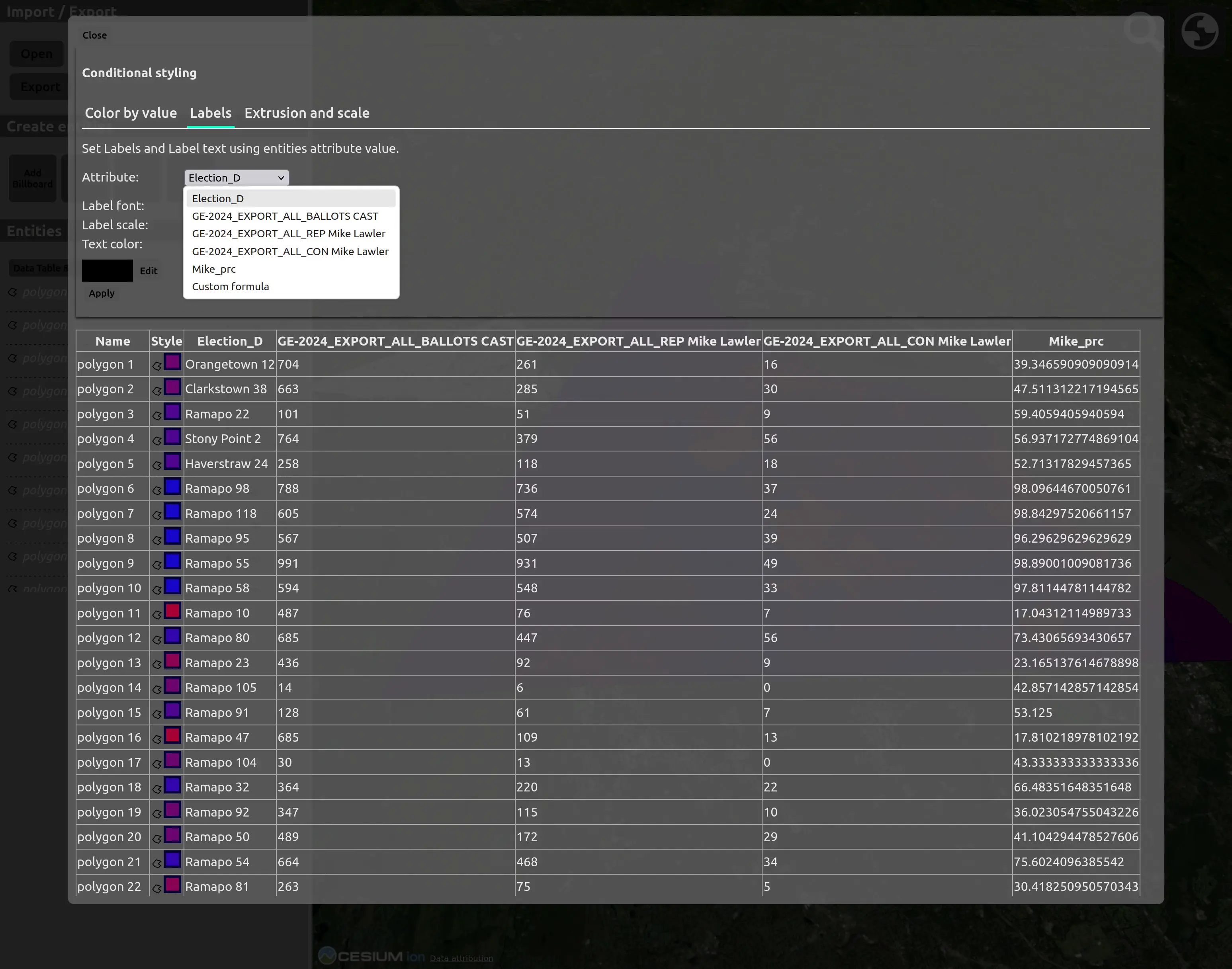 The conditional styling menu, this time in the “Labels” tab. Text reads “Set Labels and Label text using entities attribute value. The selected attribute is “Election_D”. There is a box displaying pure black color above the table of polygons.