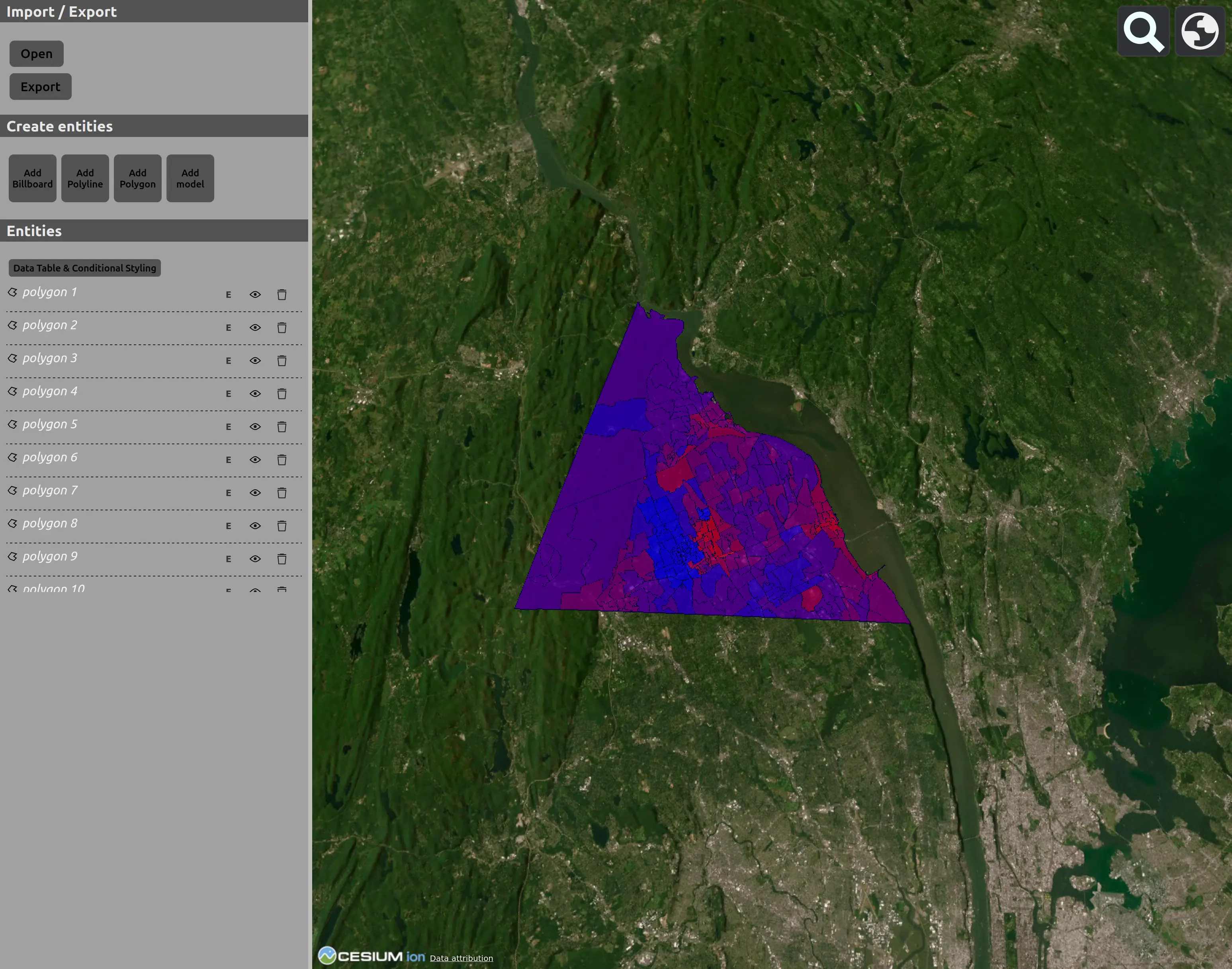 The original view of the CZML editor. The electoral districts now show a gradient from blue to red, corresponding to the polygon styling we saw, rather than all being yellow as it started.
