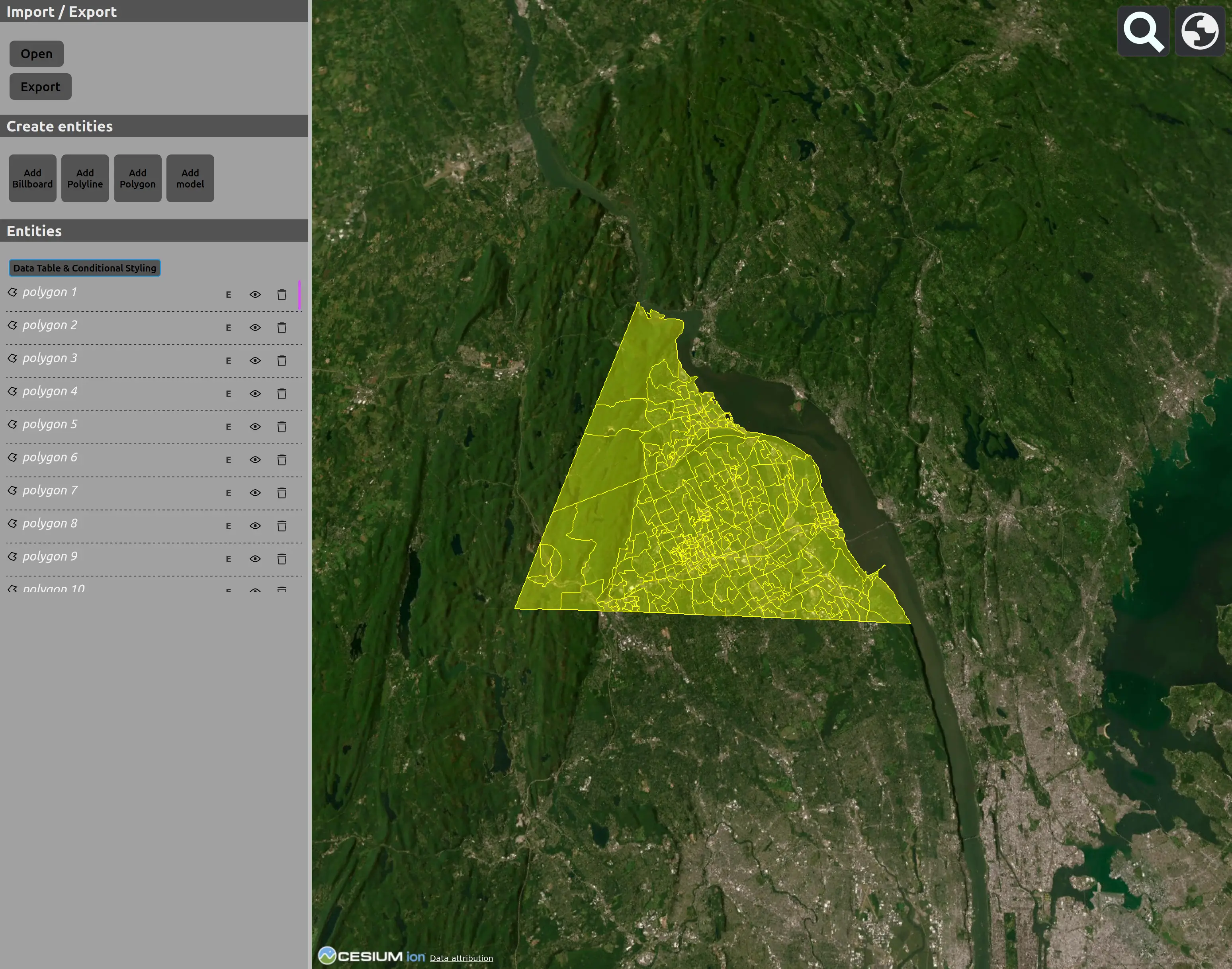 The CZML editor with all yellow polygons drawn over a region of New York
