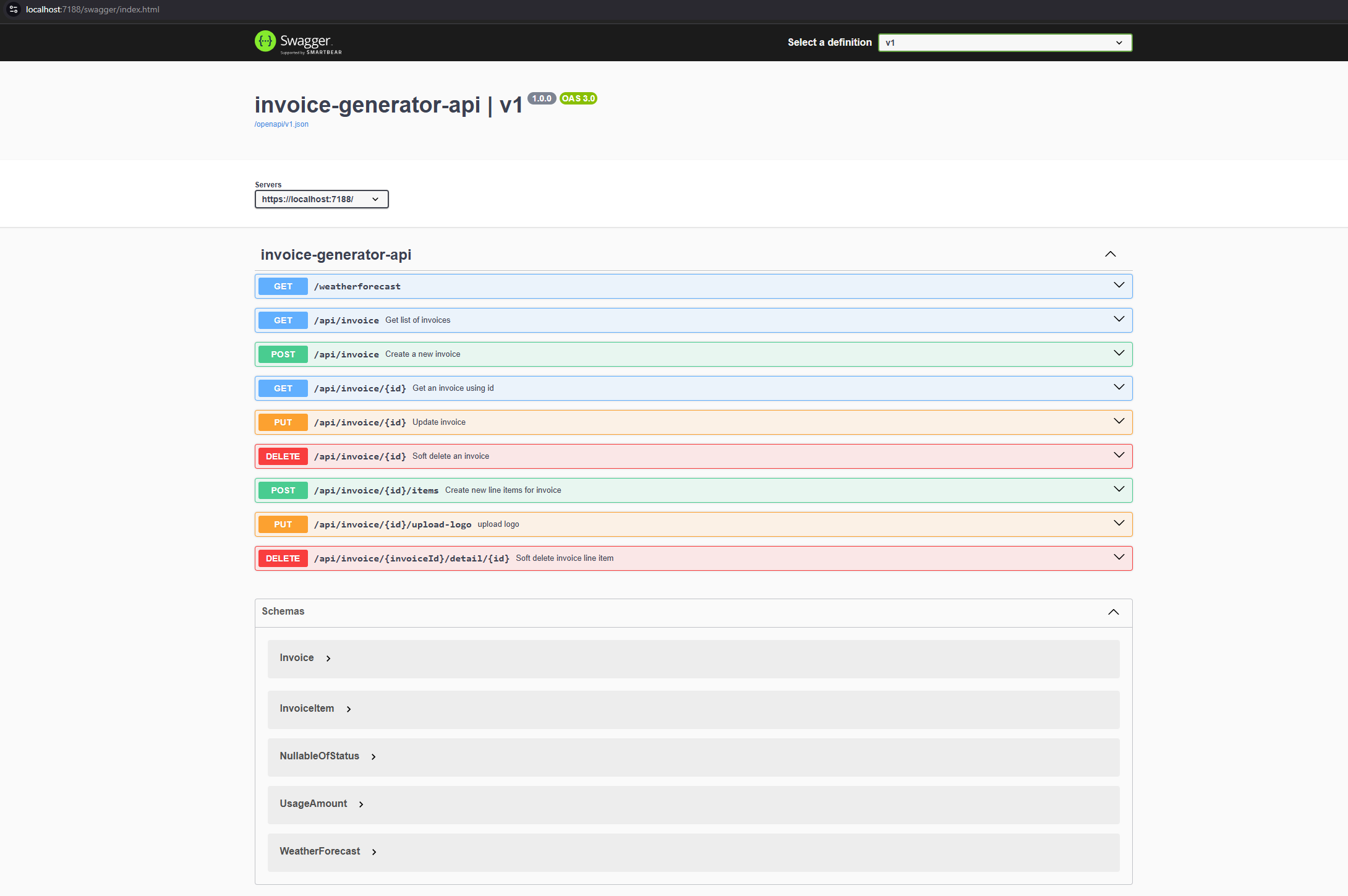The same API webpage as before, but now our endpoints are visible: “GET /api/invoice”, “DELETE /api/invoice/{id}”, etc. The schemas now show “Invoice”, “InvoiceItem”, etc.